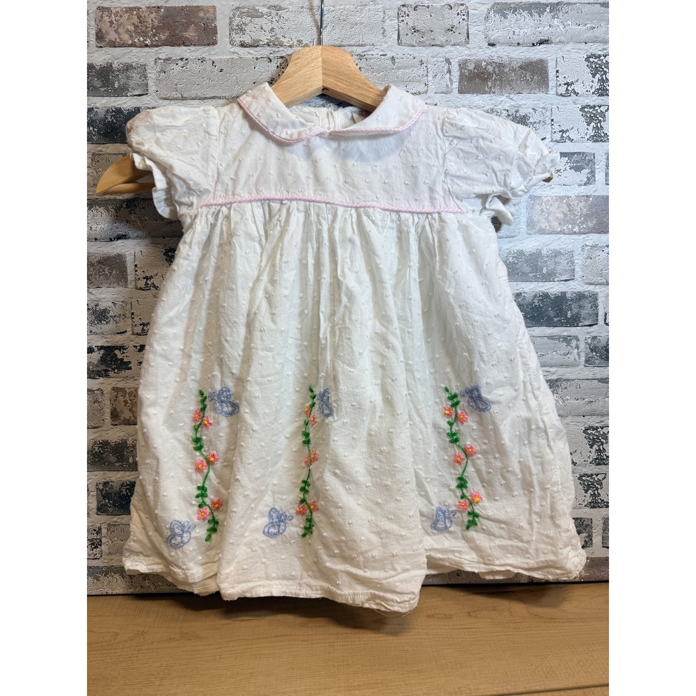 Cecil and Lou Swiss Dot Dress Toddler 3T White Floral Butterfly Embroidery